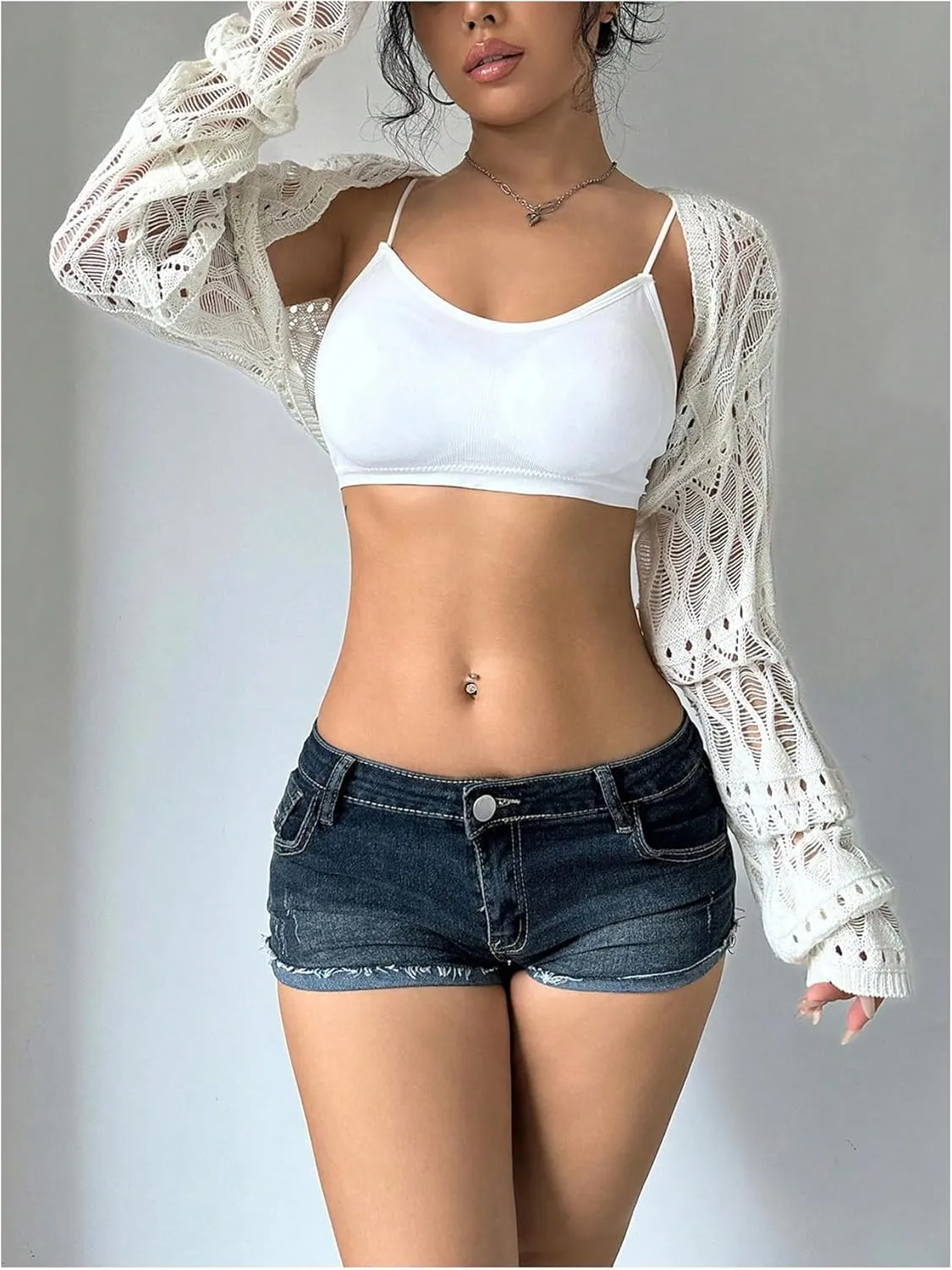 Verdusa Women's Y2K Crochet Lightweight Summer Cardigan Crop Bolero Shrug Hollow Out Long Sleeve Knit Top