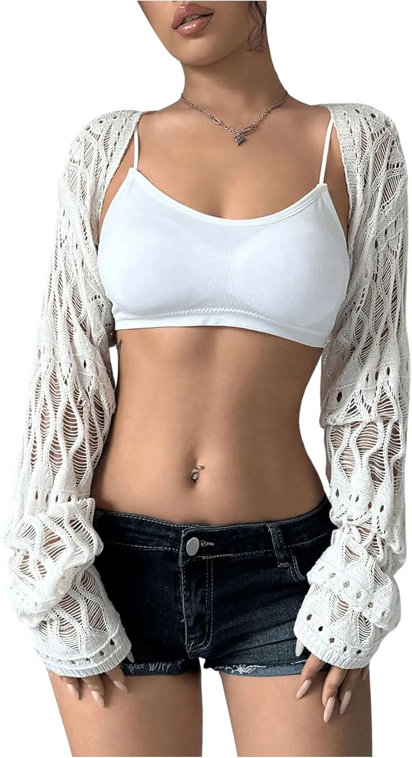 Verdusa Women's Y2K Crochet Lightweight Summer Cardigan Crop Bolero Shrug Hollow Out Long Sleeve Knit Top