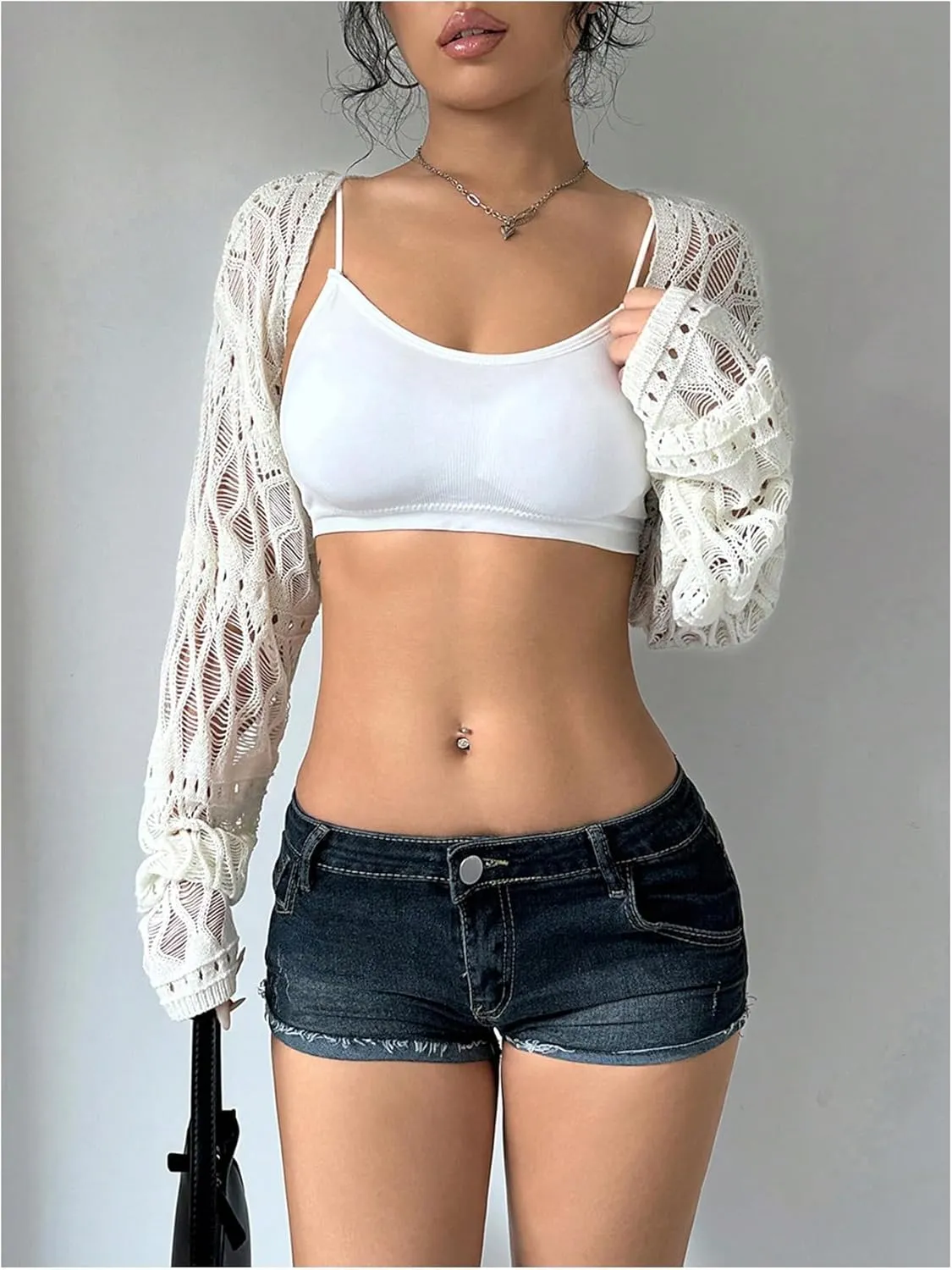 Verdusa Women's Y2K Crochet Lightweight Summer Cardigan Crop Bolero Shrug Hollow Out Long Sleeve Knit Top