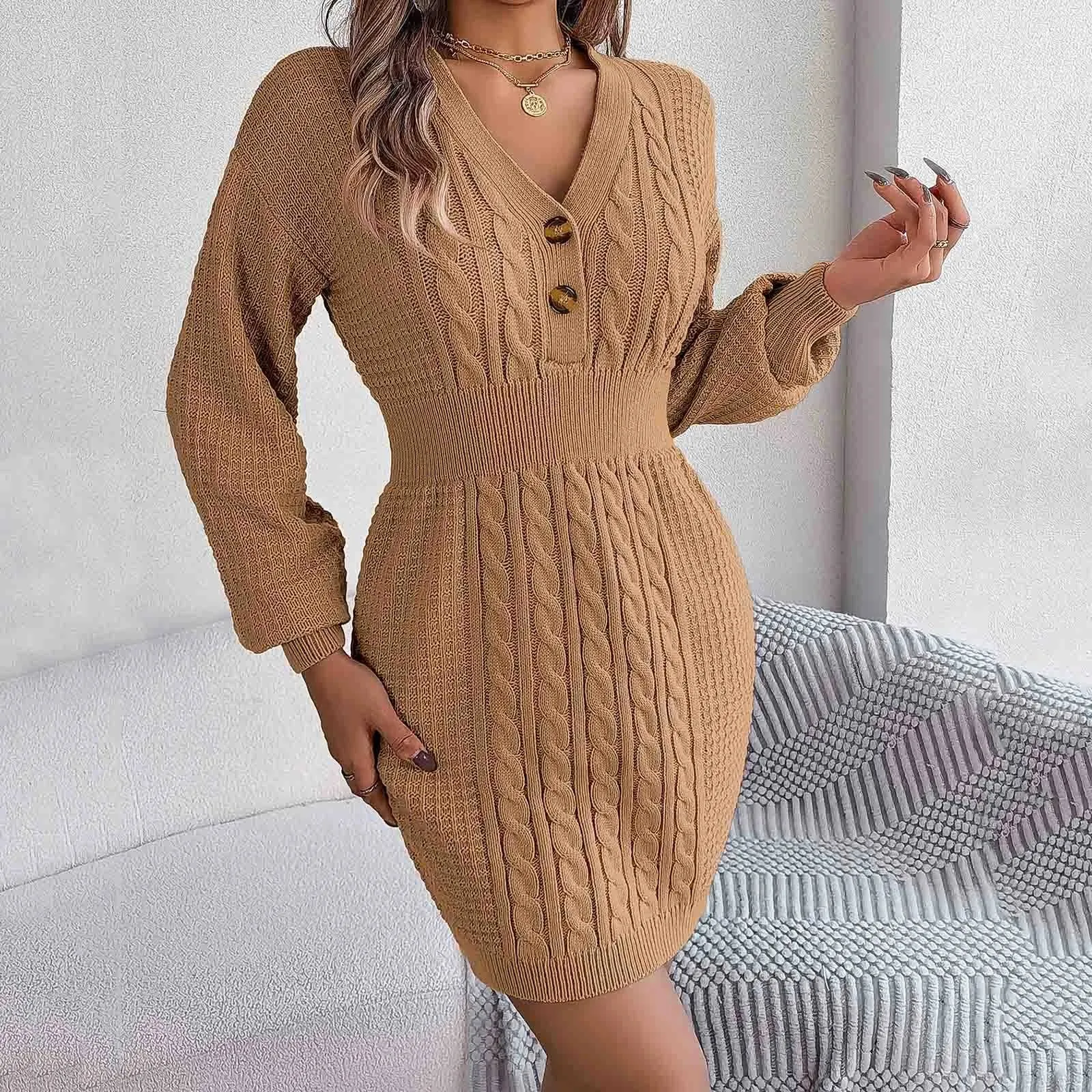 Winter Sexy V-neck Lantern Sleeve High Waist Knitted Pack Hip Party Warm Casual Autumn Dress
