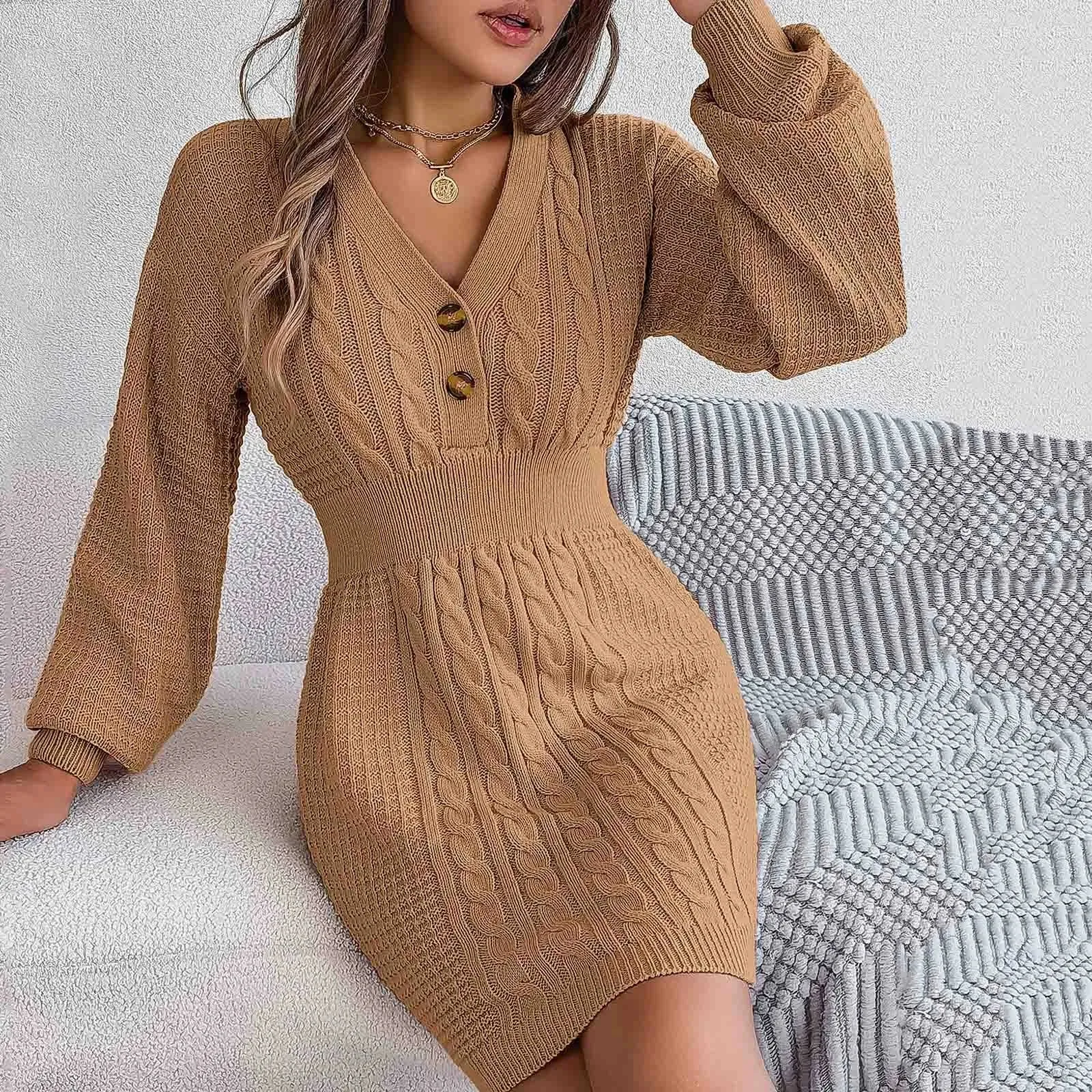Winter Sexy V-neck Lantern Sleeve High Waist Knitted Pack Hip Party Warm Casual Autumn Dress