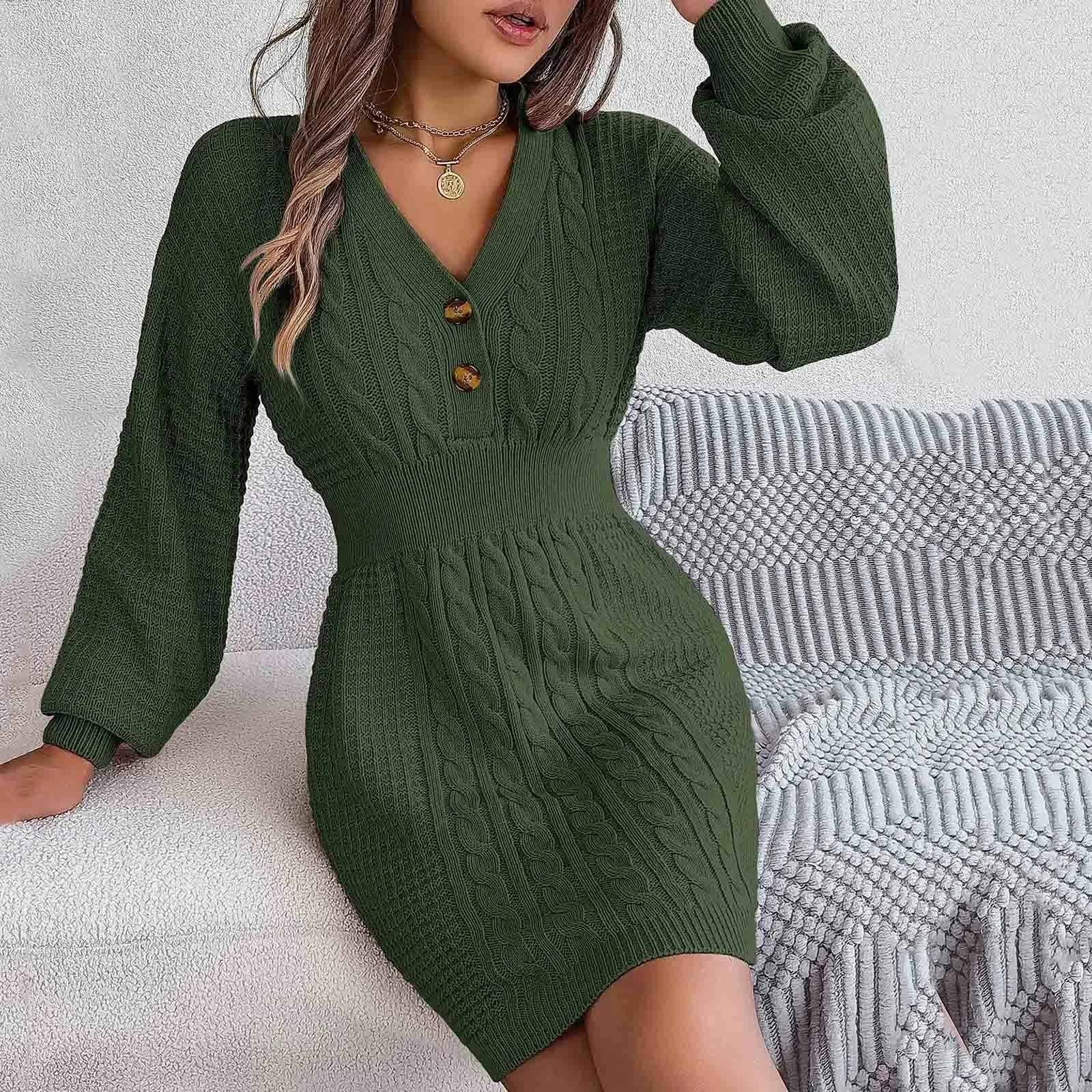 Winter Sexy V-neck Lantern Sleeve High Waist Knitted Pack Hip Party Warm Casual Autumn Dress