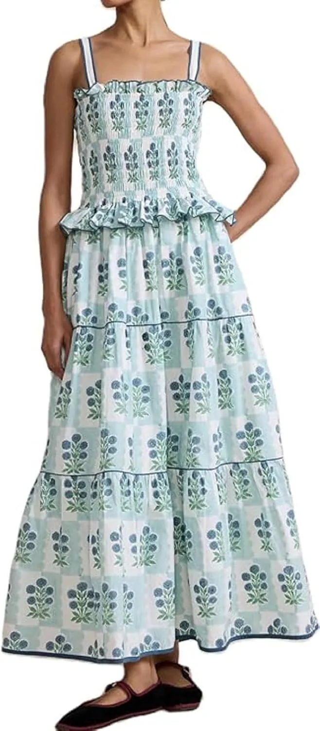 Women Boho Tie Shoulder Maxi Dress Y2k Floral Smocked Ruffle Long Dress Summer Tiered Swing Flowy Sundress