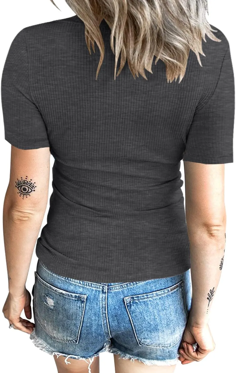 Women Casual Short Sleeve Tunic Tops V-Neck T Shirts Criss Cross Ribbed Slim Fitted Blouse