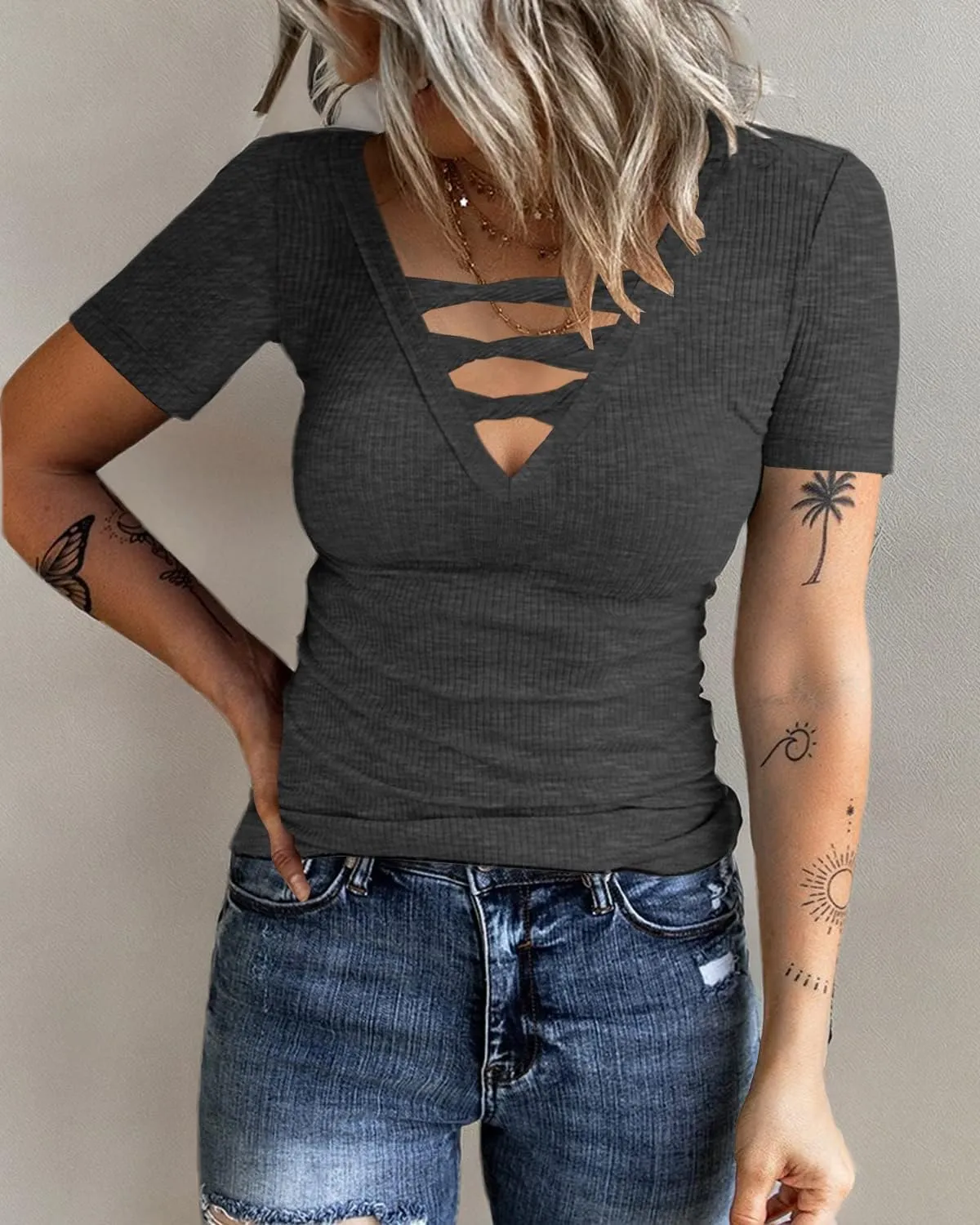 Women Casual Short Sleeve Tunic Tops V-Neck T Shirts Criss Cross Ribbed Slim Fitted Blouse