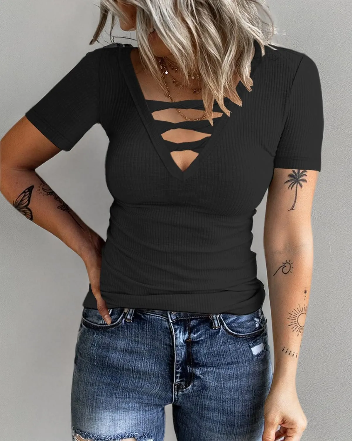 Women Casual Short Sleeve Tunic Tops V-Neck T Shirts Criss Cross Ribbed Slim Fitted Blouse