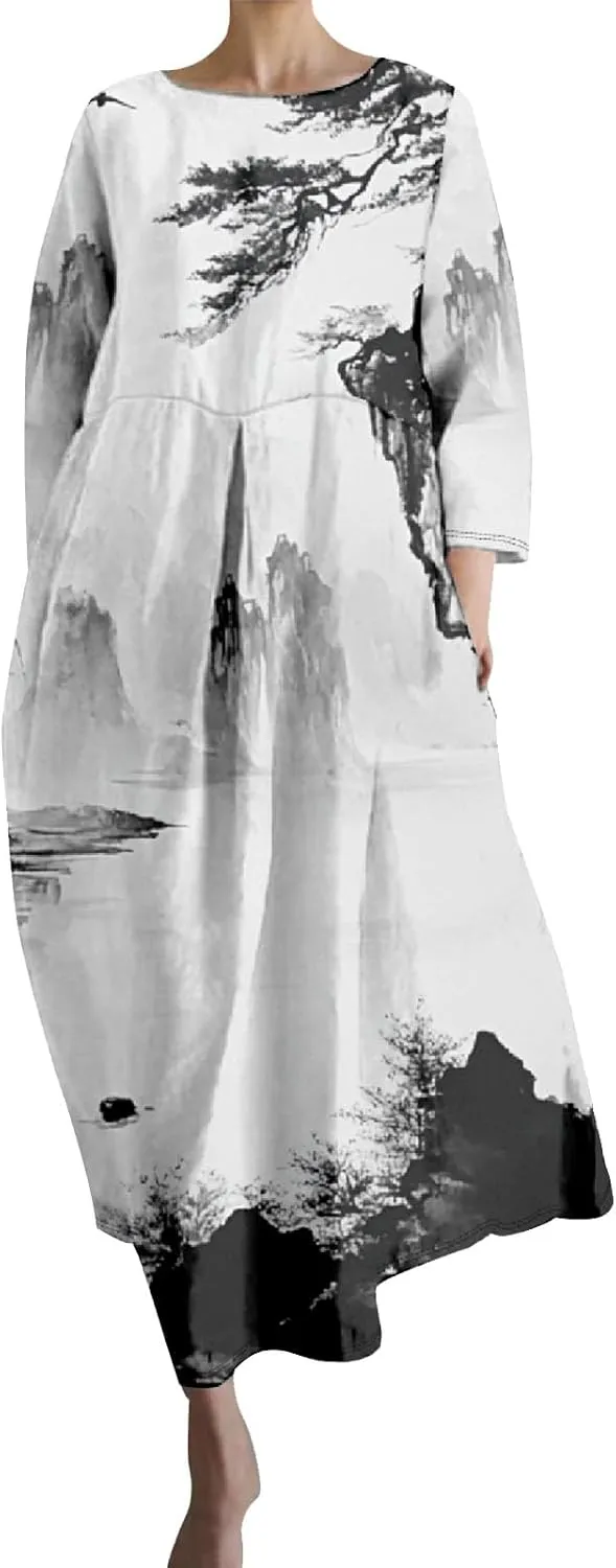 Women's 3/4 Sleeve Cotton Linen Blend Floral Print Maxi Dress Ladies Summer Oversized Flowy Long Dresses with Pockets
