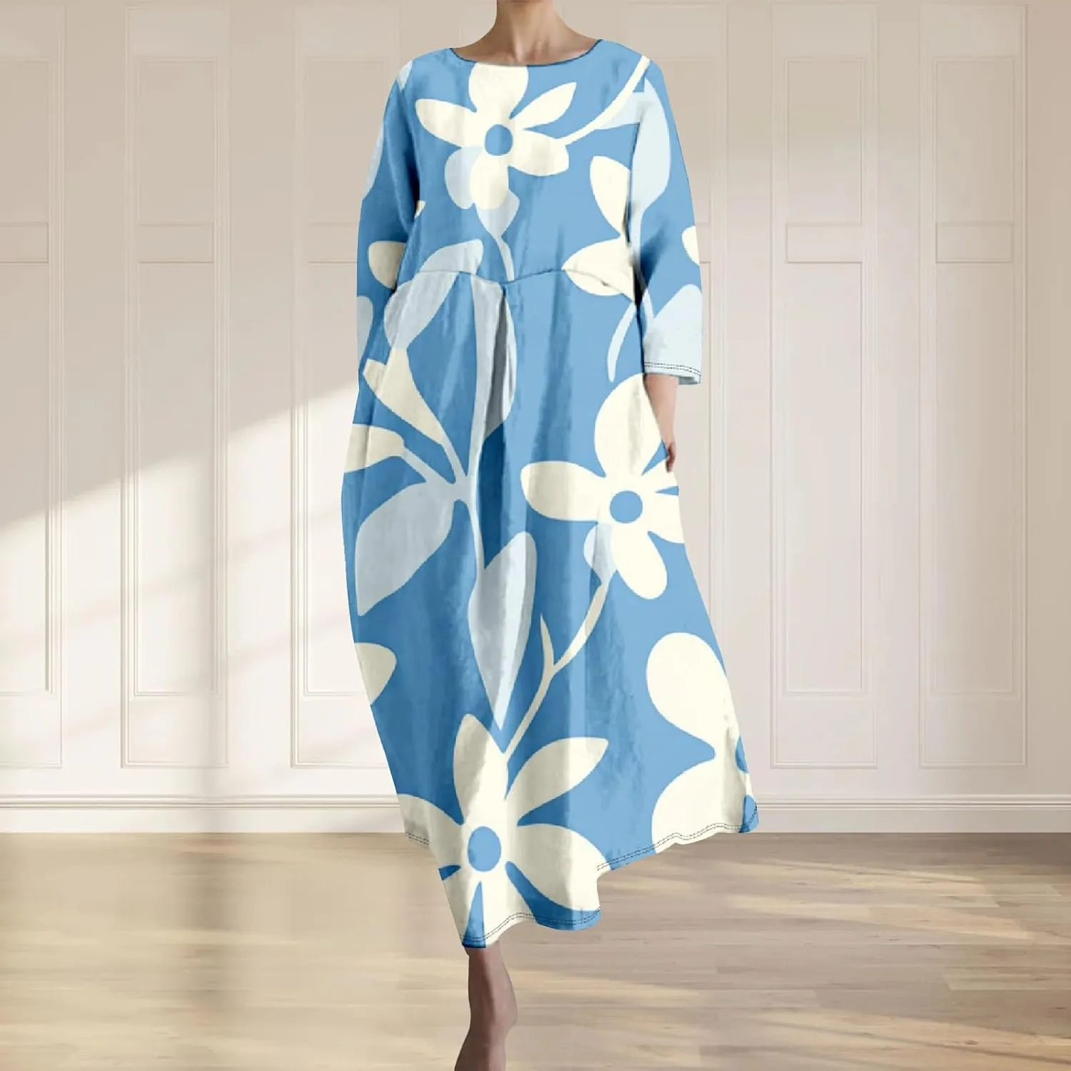 Women's 3/4 Sleeve Cotton Linen Blend Floral Print Maxi Dress Ladies Summer Oversized Flowy Long Dresses with Pockets