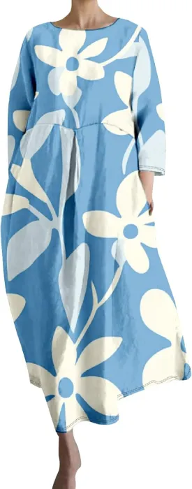 Women's 3/4 Sleeve Cotton Linen Blend Floral Print Maxi Dress Ladies Summer Oversized Flowy Long Dresses with Pockets