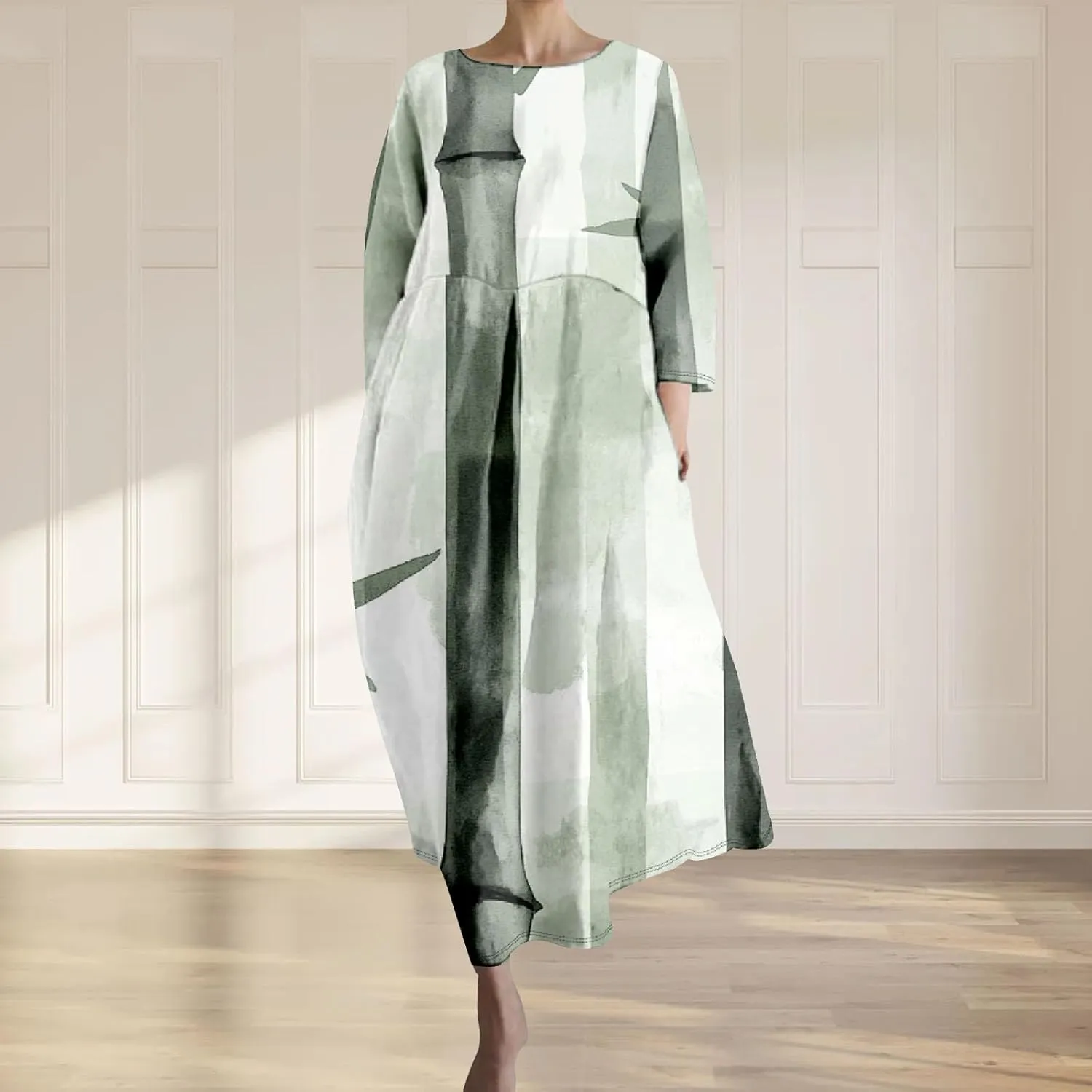 Women's 3/4 Sleeve Cotton Linen Blend Floral Print Maxi Dress Ladies Summer Oversized Flowy Long Dresses with Pockets