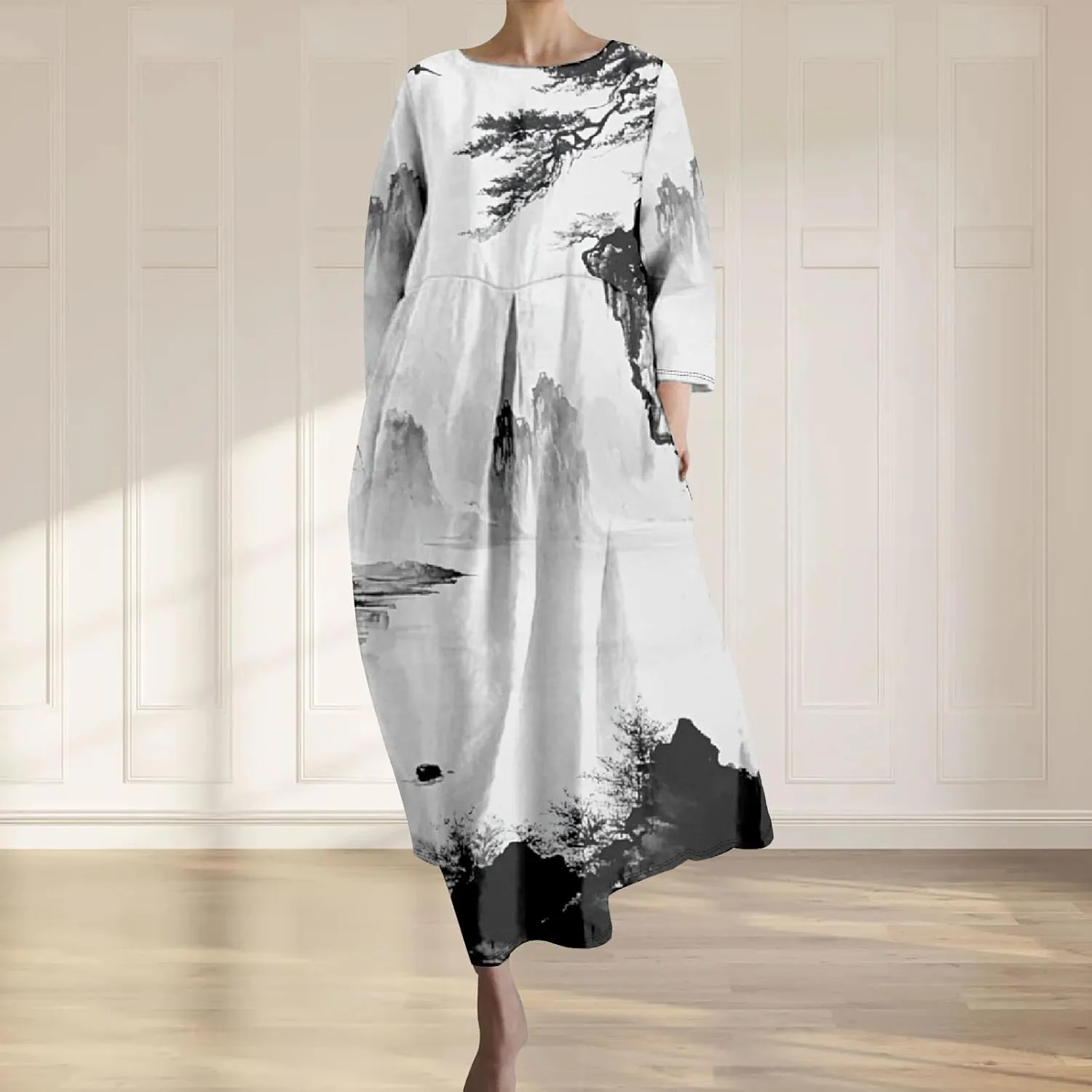 Women's 3/4 Sleeve Cotton Linen Blend Floral Print Maxi Dress Ladies Summer Oversized Flowy Long Dresses with Pockets