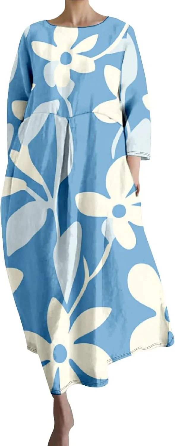 Women's 3/4 Sleeve Cotton Linen Blend Floral Print Maxi Dress Ladies Summer Oversized Flowy Long Dresses with Pockets