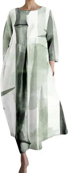 Women's 3/4 Sleeve Cotton Linen Blend Floral Print Maxi Dress Ladies Summer Oversized Flowy Long Dresses with Pockets