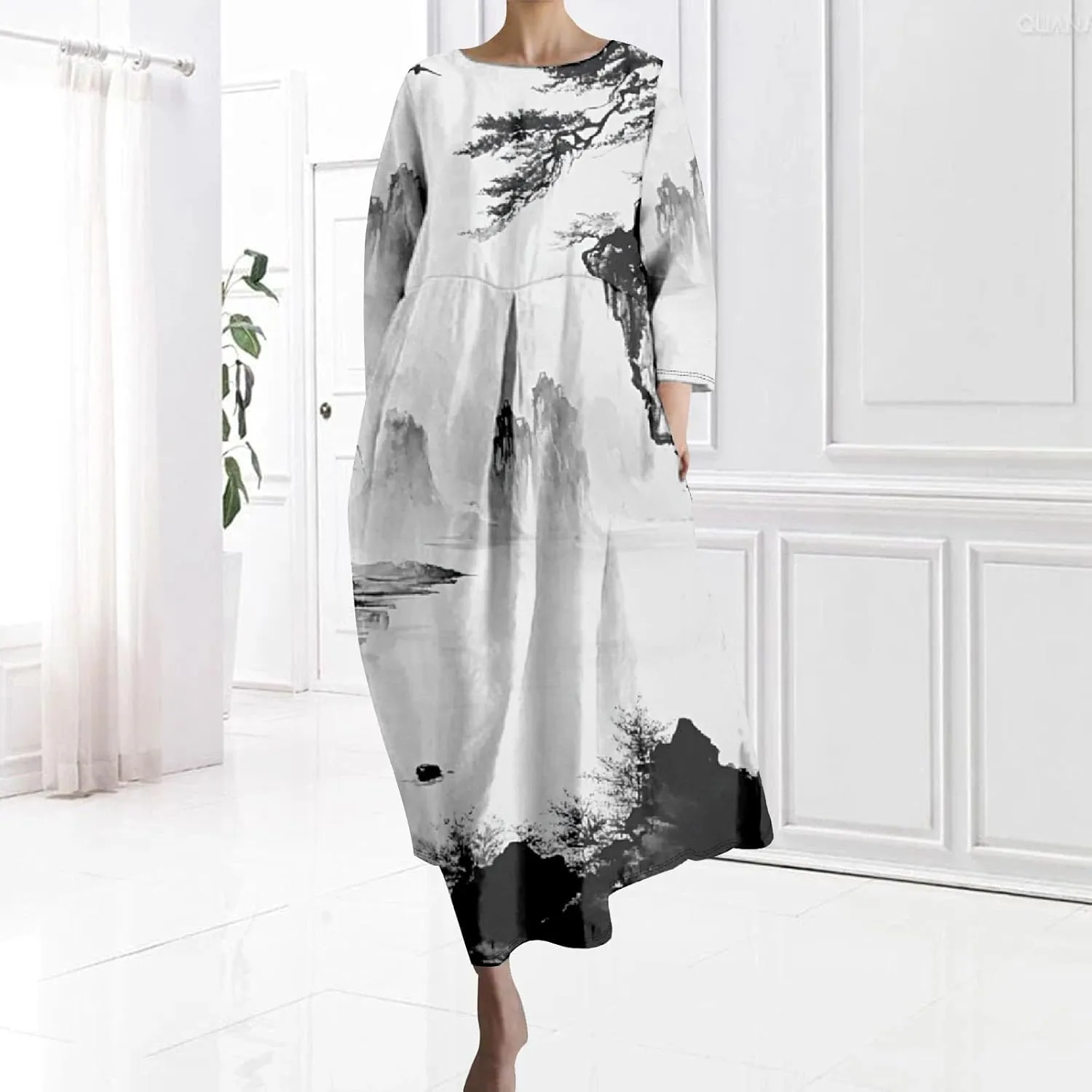 Women's 3/4 Sleeve Cotton Linen Blend Floral Print Maxi Dress Ladies Summer Oversized Flowy Long Dresses with Pockets