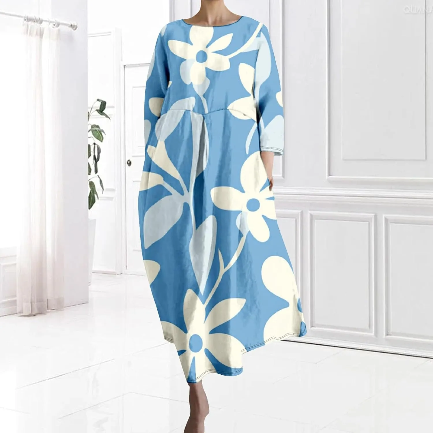 Women's 3/4 Sleeve Cotton Linen Blend Floral Print Maxi Dress Ladies Summer Oversized Flowy Long Dresses with Pockets