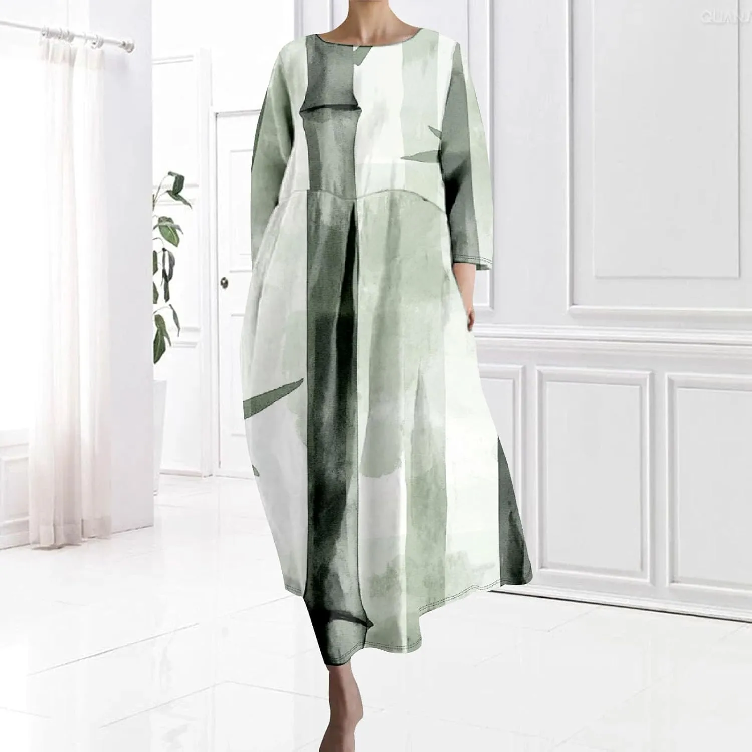 Women's 3/4 Sleeve Cotton Linen Blend Floral Print Maxi Dress Ladies Summer Oversized Flowy Long Dresses with Pockets