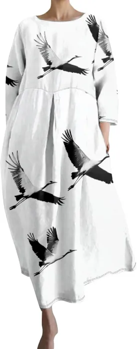 Women's 3/4 Sleeve Cotton Linen Blend Floral Print Maxi Dress Ladies Summer Oversized Flowy Long Dresses with Pockets
