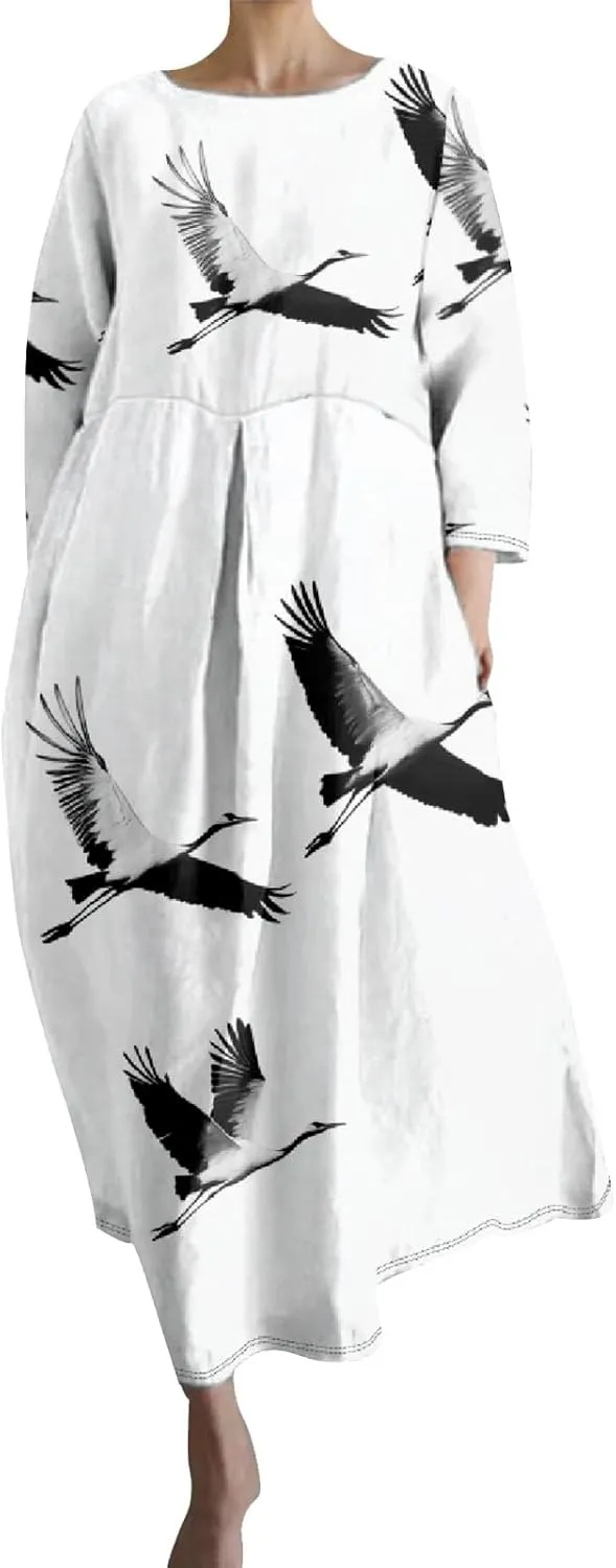 Women's 3/4 Sleeve Cotton Linen Blend Floral Print Maxi Dress Ladies Summer Oversized Flowy Long Dresses with Pockets