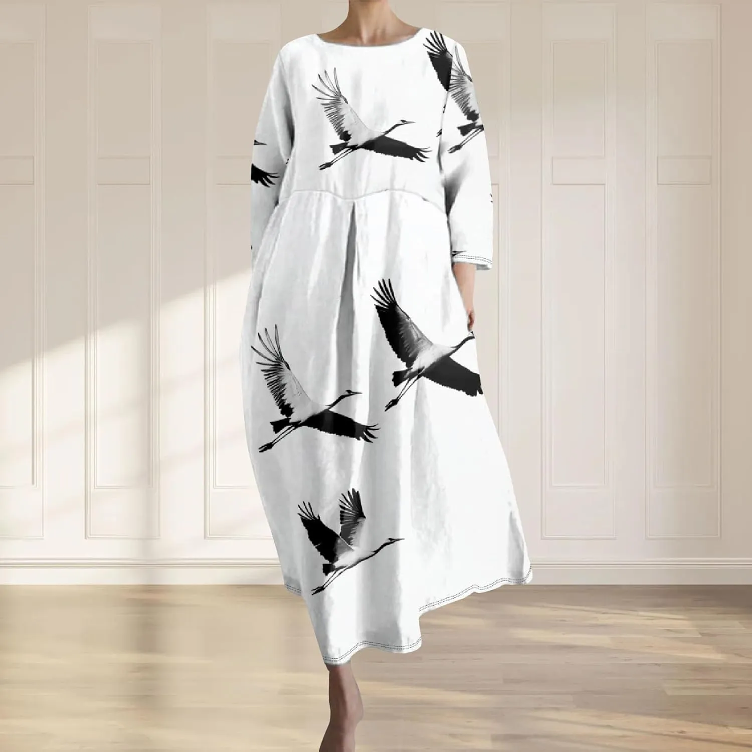 Women's 3/4 Sleeve Cotton Linen Blend Floral Print Maxi Dress Ladies Summer Oversized Flowy Long Dresses with Pockets