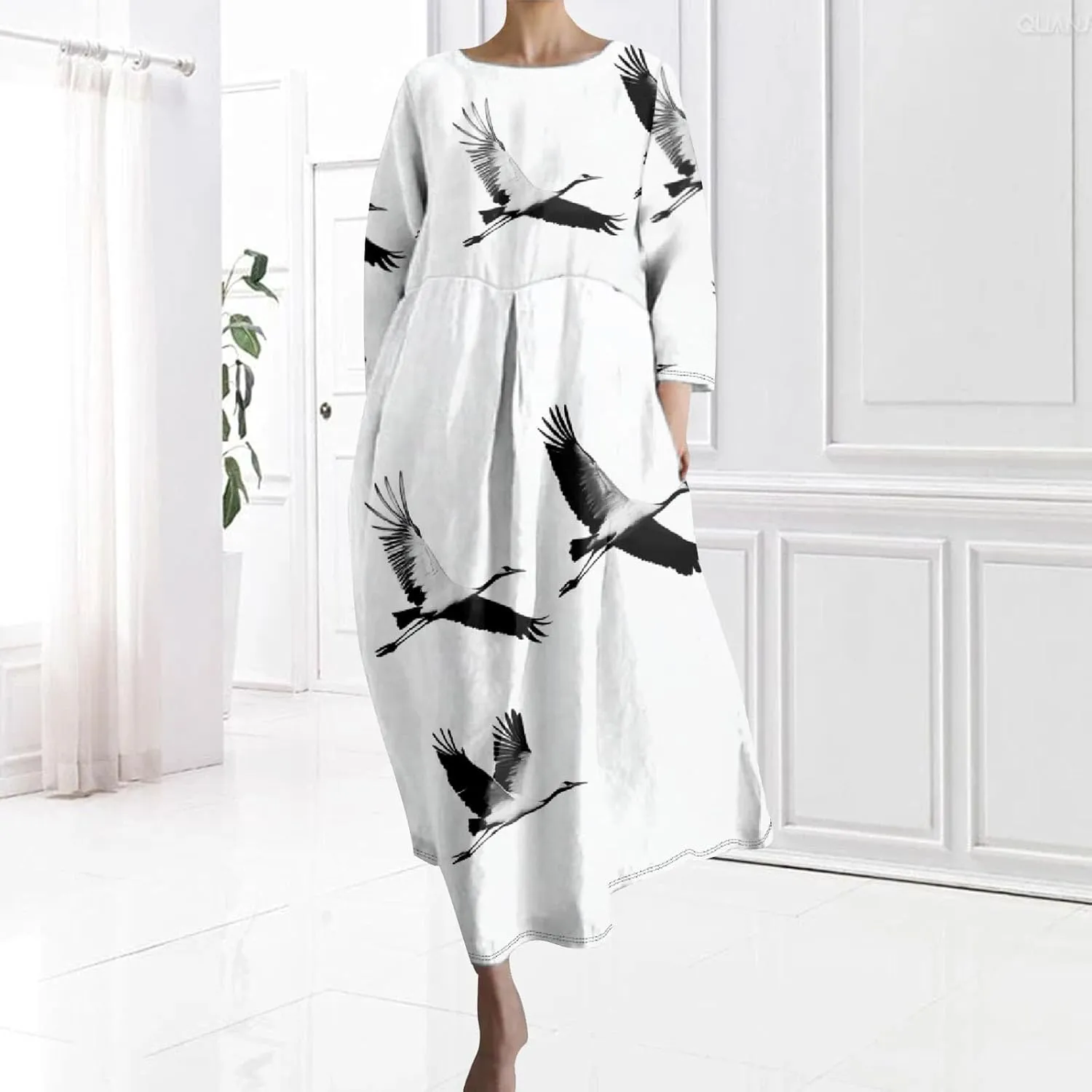 Women's 3/4 Sleeve Cotton Linen Blend Floral Print Maxi Dress Ladies Summer Oversized Flowy Long Dresses with Pockets