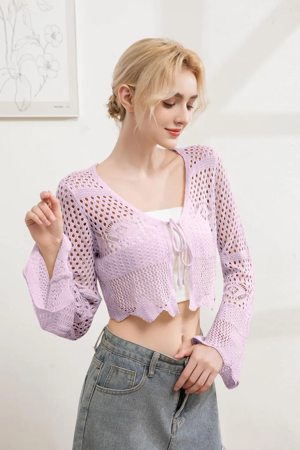 Women's Lightweight Summer V-Neck Tie Front Cropped Cardigan Bell Long Sleeve Crochet Knit Open Front Top