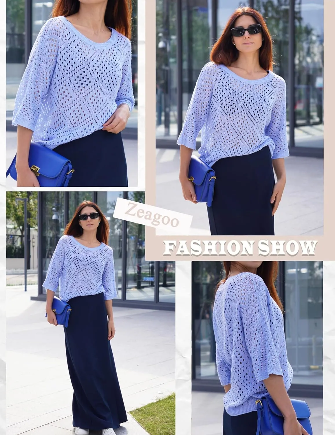 Zeagoo Women's 2025 Spring Summer Crochet Top Hollow Out 3/4 Sleeve Sweater Off Shoulder Beach Knit Coverup