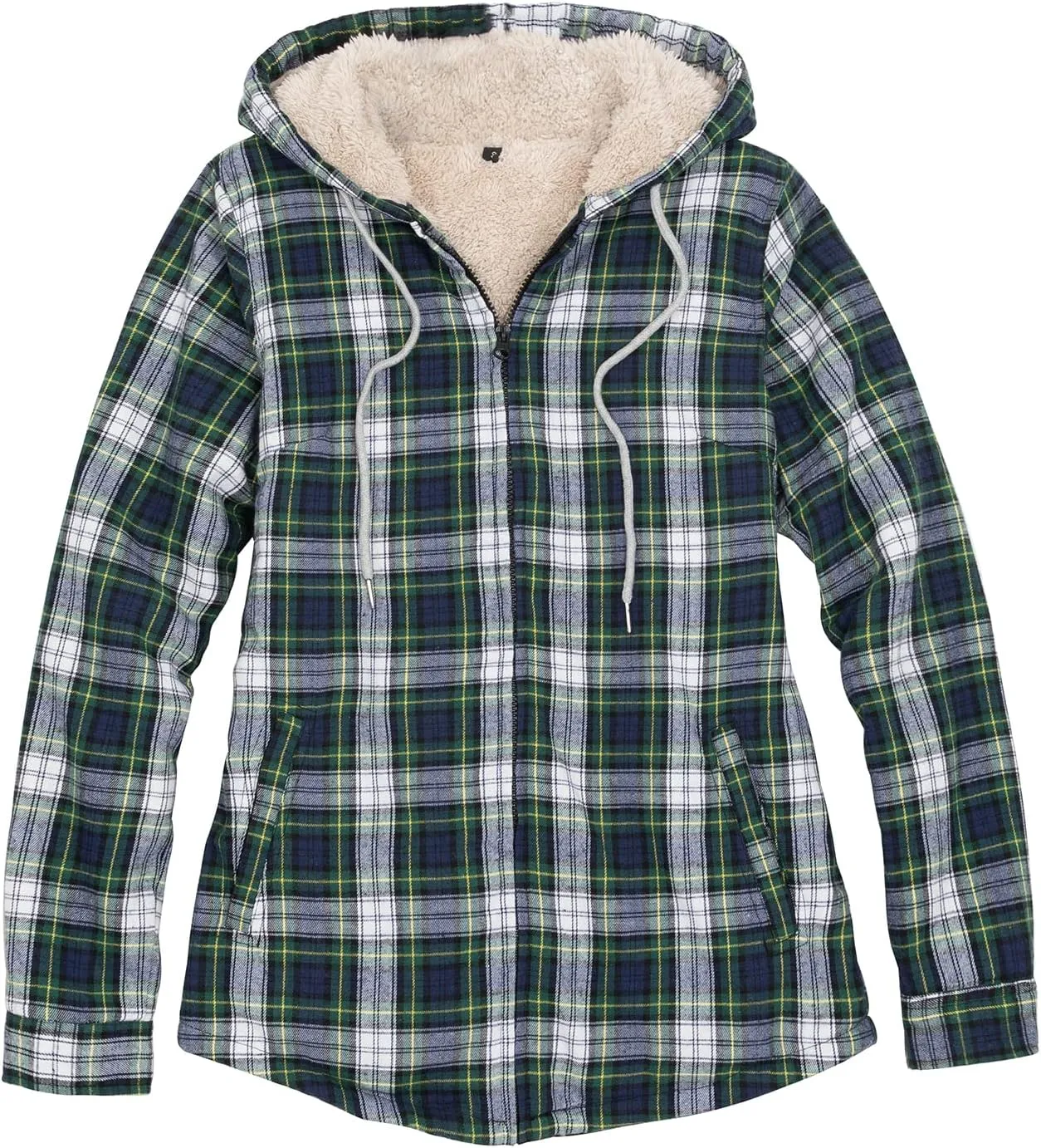 ZENTHACE Womens Sherpa Lined Flannel Jacket Full Zip Up Hooded Flannel Plaid Shirt Jacket with Side Pockets
