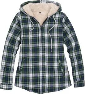 ZENTHACE Womens Sherpa Lined Flannel Jacket Full Zip Up Hooded Flannel Plaid Shirt Jacket with Side Pockets